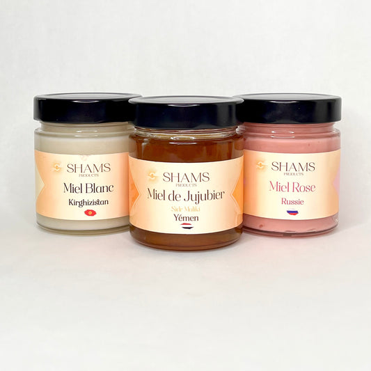 Coffret découverte Miels : Rose, Blanc, Jujubier du Yémen